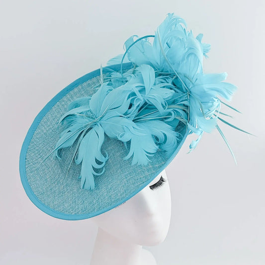 Aqua sky blue large feather saucer disc fascinator hat House of Hats