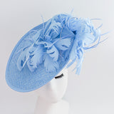Light cornflower blue large feather saucer disc fascinator hat