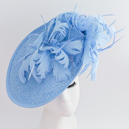 Light cornflower blue large feather saucer disc fascinator hat