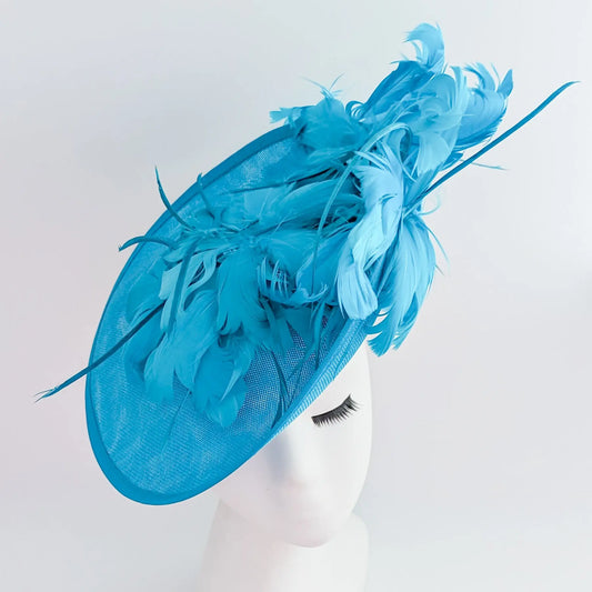 Sea blue large feather saucer disc fascinator hat House of Hats