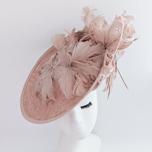 Blush pink large feather saucer disc fascinator hat