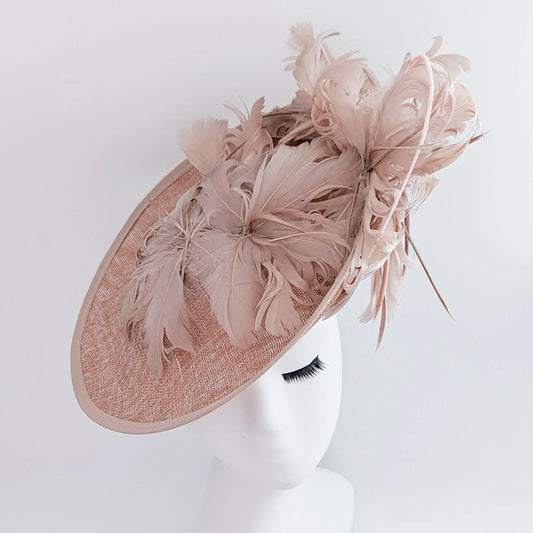 Blush pink large feather saucer disc fascinator hat House of Hats