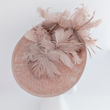 Blush pink large feather saucer disc fascinator hat