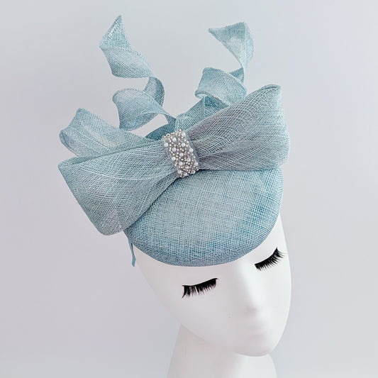 Aquamarine blue crystal bow fascinator hat