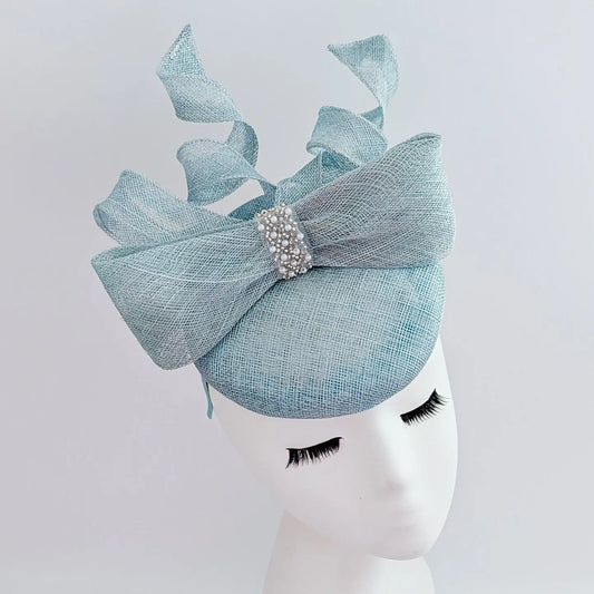 Aquamarine blue crystal bow fascinator hat House of Hats