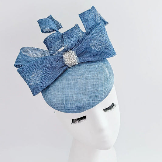 Cornflower blue crystal bow fascinator hat House of Hats