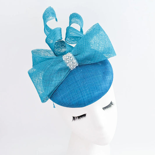 Sea blue crystal bow fascinator hat House of Hats