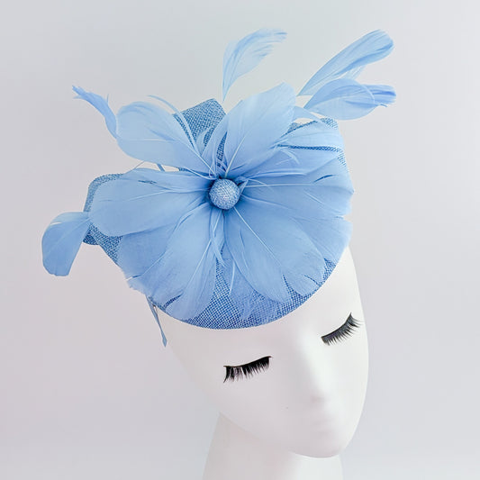 Light cornflower blue feather fascinator hat