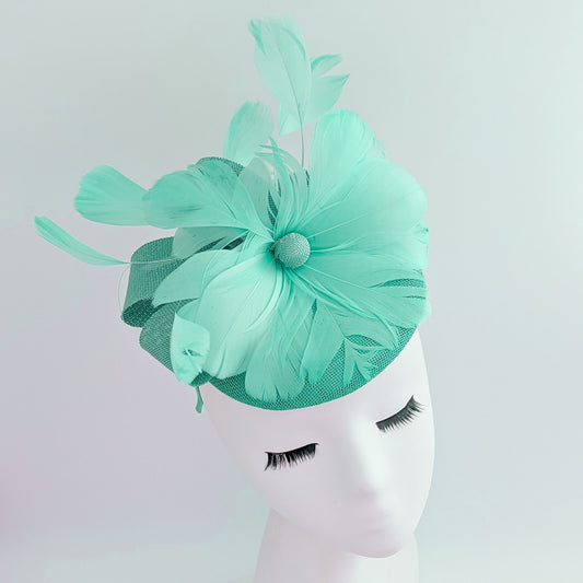 Seafoam mint green feather fascinator hat