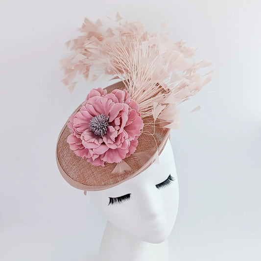 Blush pink flower feather disc saucer fascinator hat House of Hats