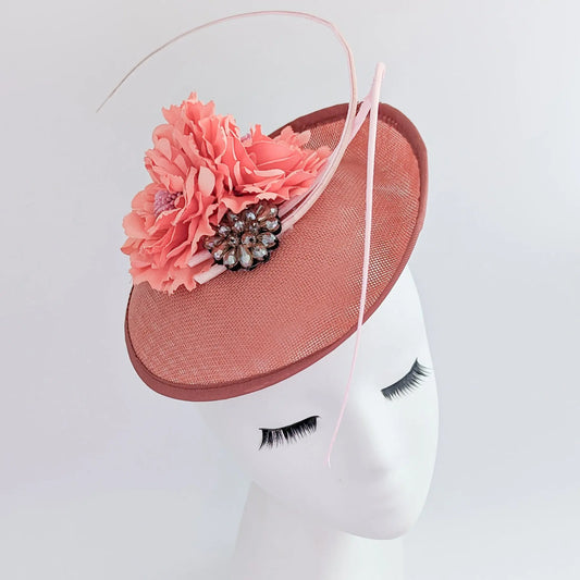 Terracotta dusty pink flower disc saucer fascinator hat House of Hats