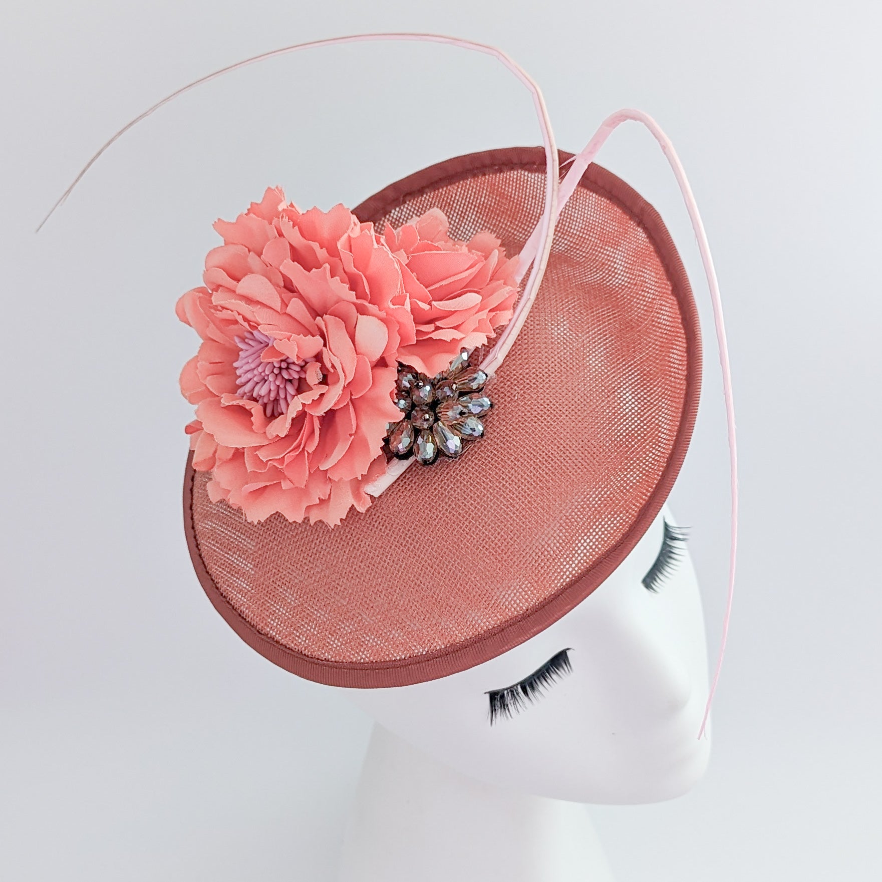Terracotta dusty pink flower disc saucer fascinator hat
