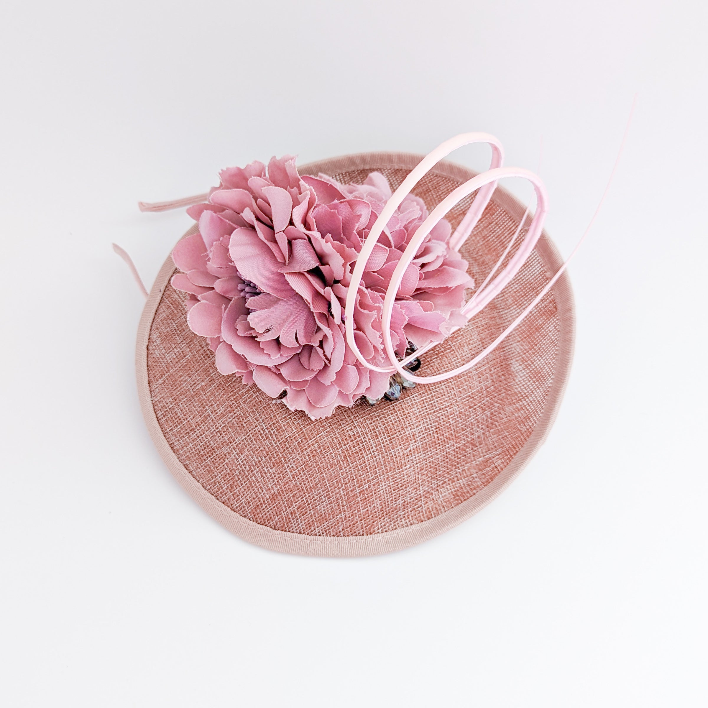 Blush pink flower crystal disc saucer fascinator hat Blush pink flower crystal disc saucer fascinator hat