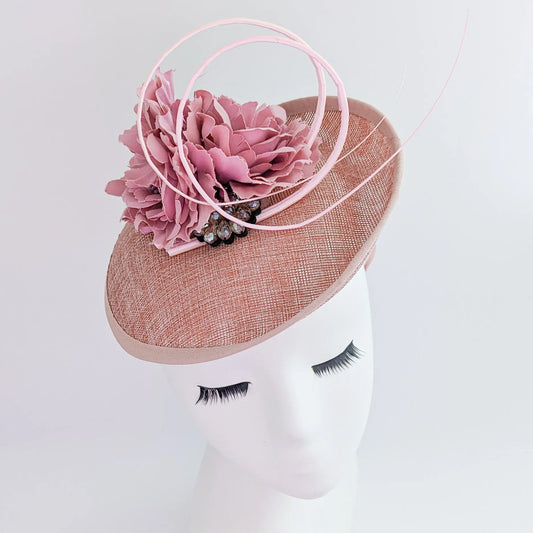 Blush pink flower crystal disc saucer fascinator hat House of Hats