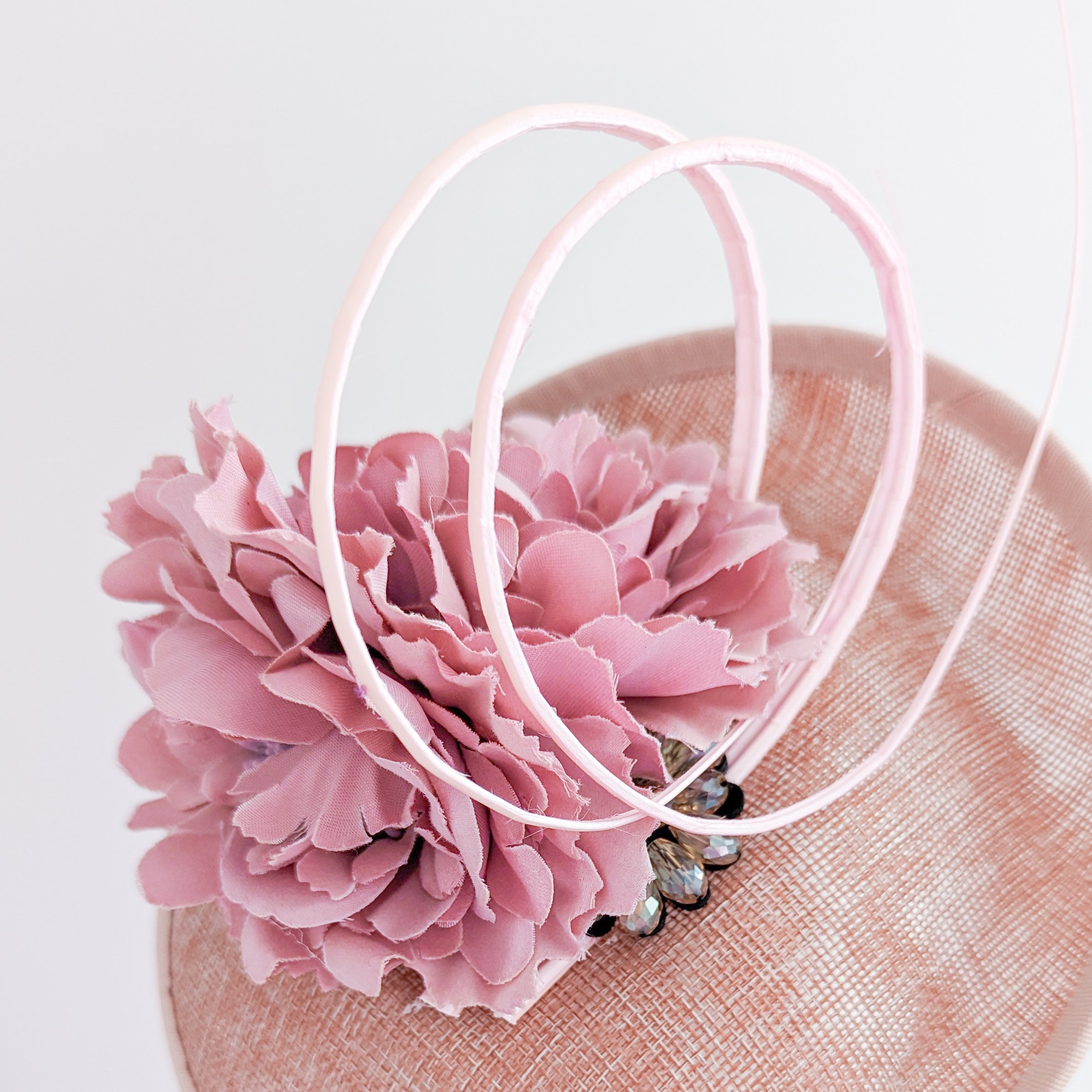 Blush pink flower crystal disc saucer fascinator hat Blush pink flower crystal disc saucer fascinator hat