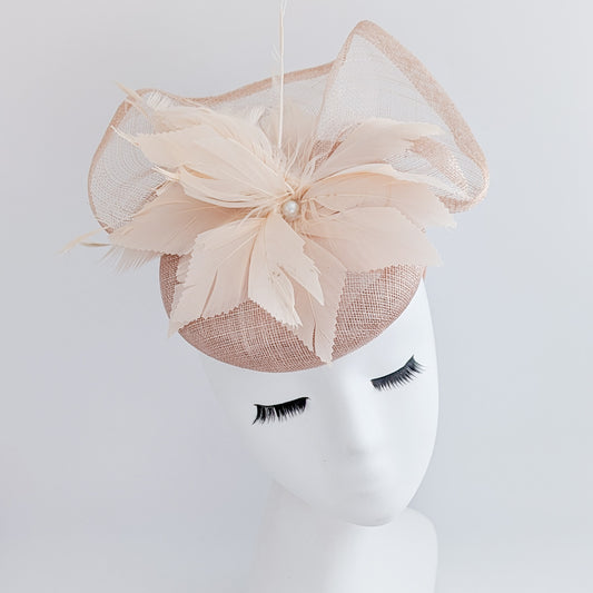 Light peach pink pearl feather fascinator hat