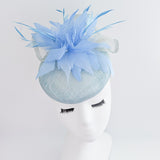 Aquamarine light cornflower blue pearl feather fascinator hat