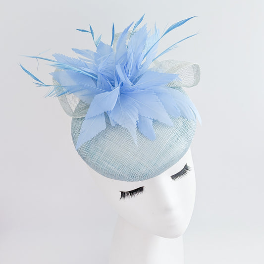 Aquamarine light cornflower blue pearl feather fascinator hat