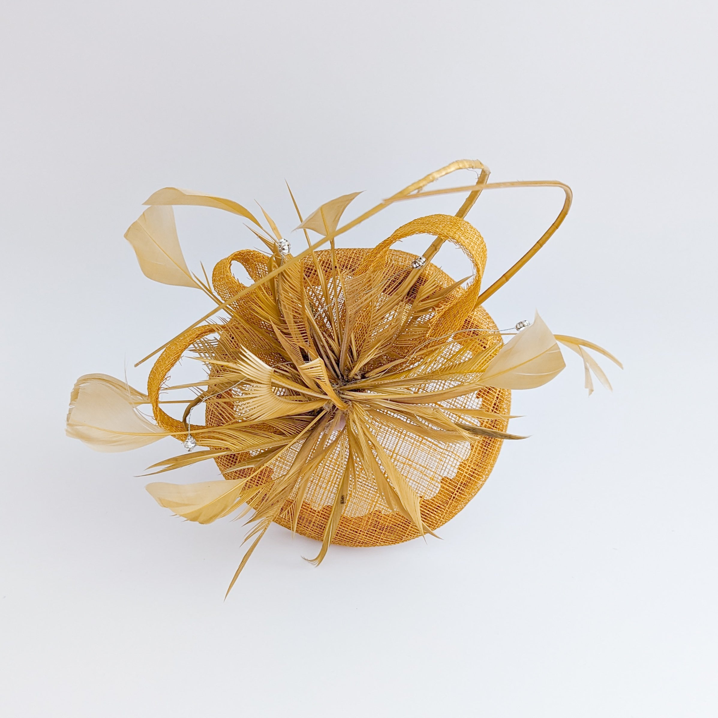 Golden yellow crystal feather fascinator hat
