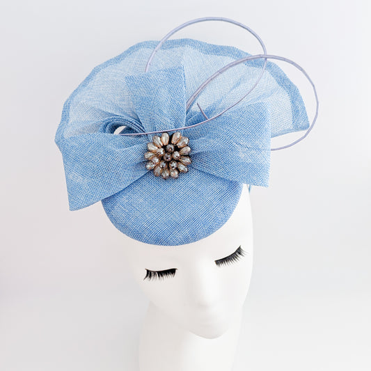 Light cornflower blue crystal bow fascinator hat