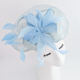 Aquamarine cornflower blue feather fascinator hat