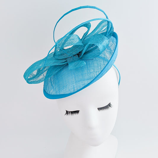 Dark aqua cornflower blue disc saucer fascinator hat