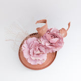 Terracotta dusty blush pink flower fascinator disc saucer hat