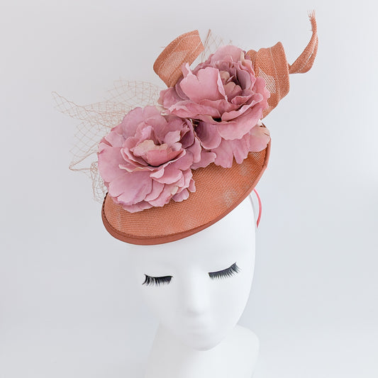 Terracotta dusty blush pink flower fascinator disc saucer hat