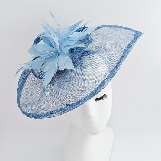 Cornflower blue feather large teardrop fascinator hat
