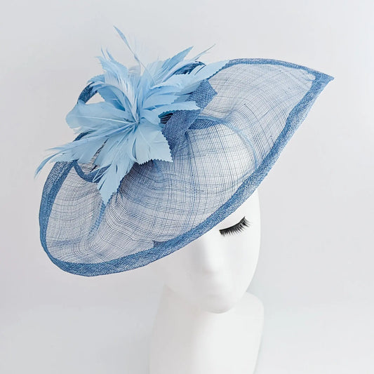 Cornflower blue feather large teardrop fascinator hat House of Hats