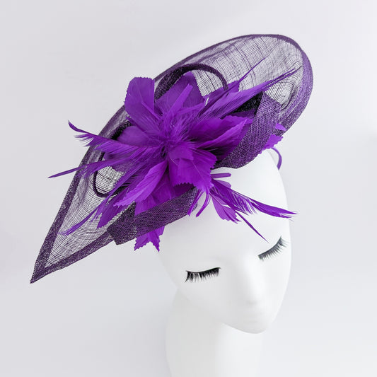Dark aubergine cadbury purple feather large teardrop fascinator hat