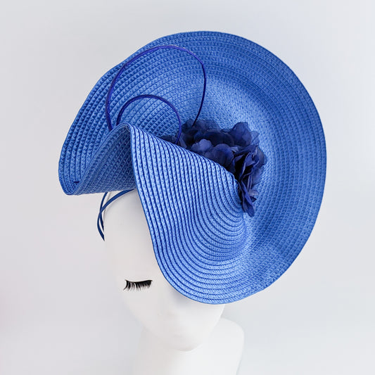 Azure blue large woven straw flower fascinator hat
