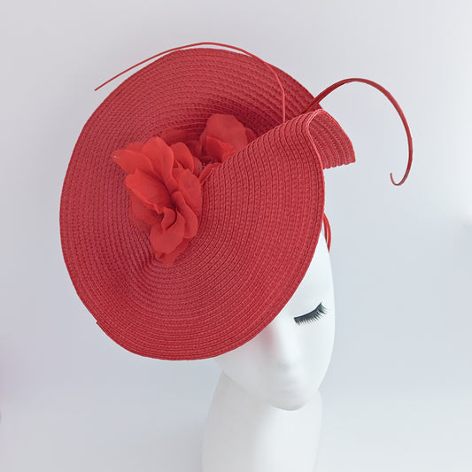 Red large woven straw flower fascinator hat