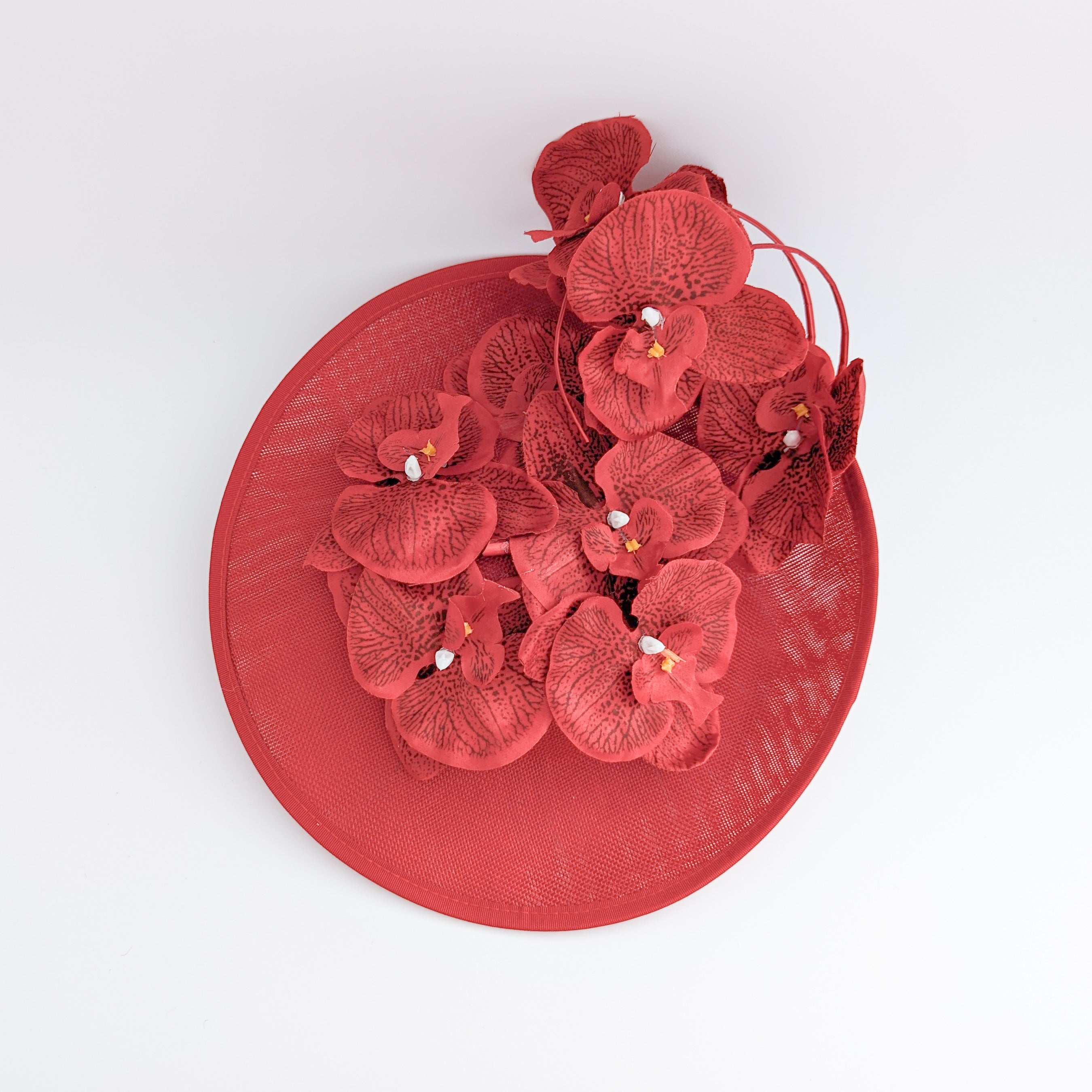 Red large orchid flower saucer disc fascinator hat
