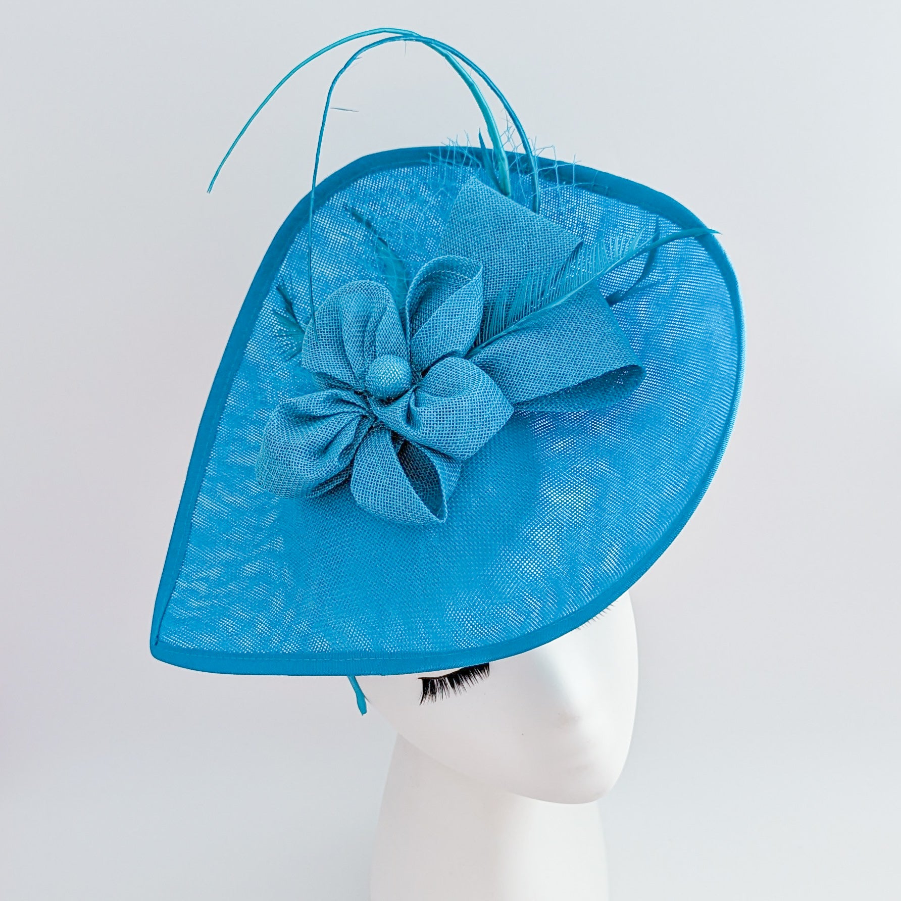 Sea blue large teardrop flower feather fascinator hat Sea blue large teardrop flower feather fascinator hat