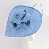 Light cornflower blue large teardrop flower feather fascinator hat