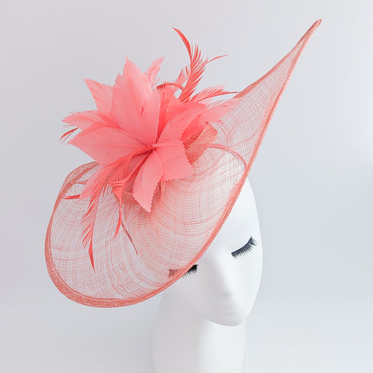 Coral feather large teardrop fascinator hat
