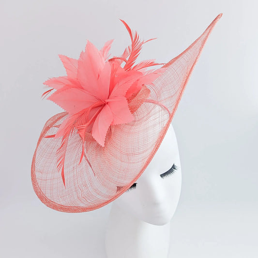 Watermelon coral feather large teardrop fascinator hat House of Hats