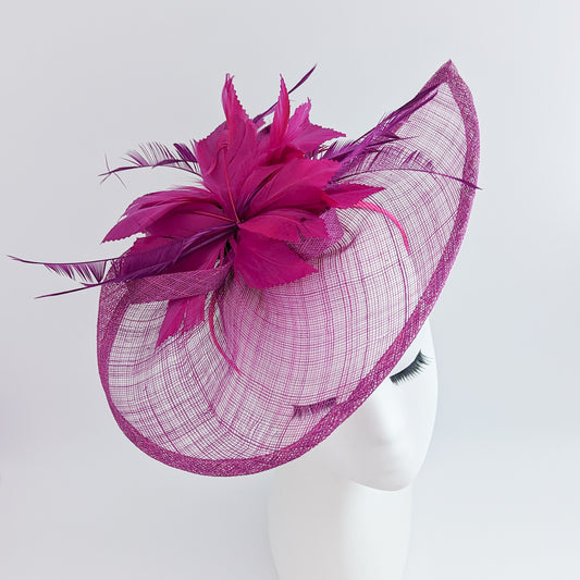 Magenta pink feather large teardrop fascinator hat