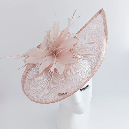 Blush pink feather large teardrop fascinator hat House of Hats