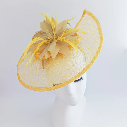 Golden yellow feather large teardrop fascinator hat House of Hats