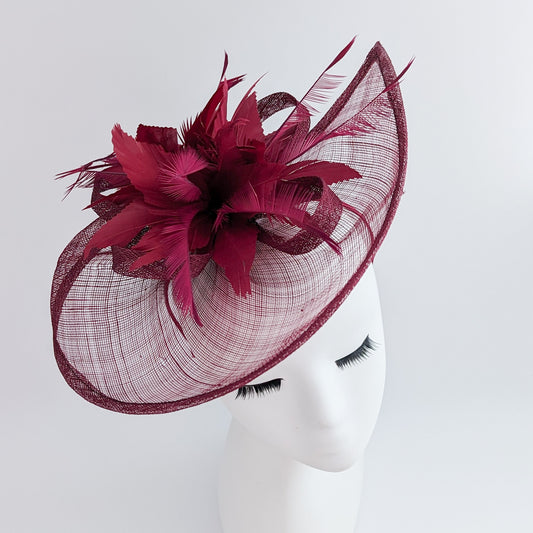 Burgundy feather large teardrop fascinator hat