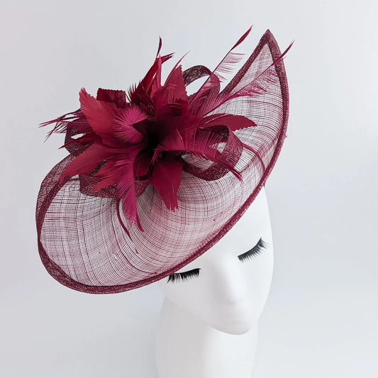 Burgundy feather large teardrop fascinator hat House of Hats
