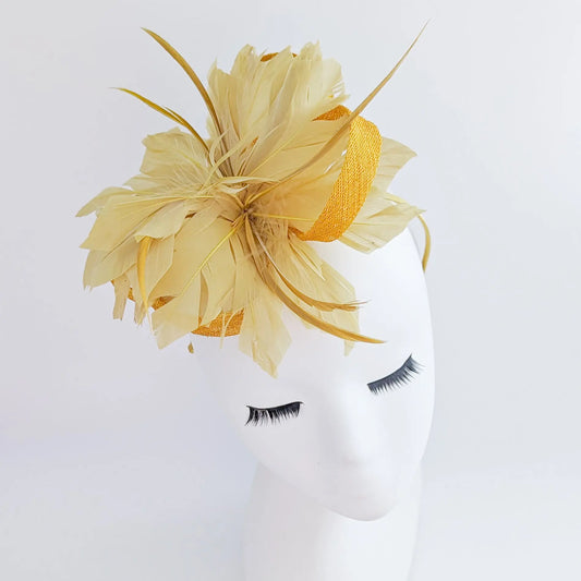 Golden yellow feather fascinator hat House of Hats