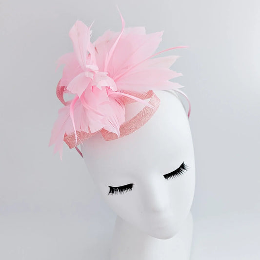 Light candy pink feather fascinator hat House of Hats