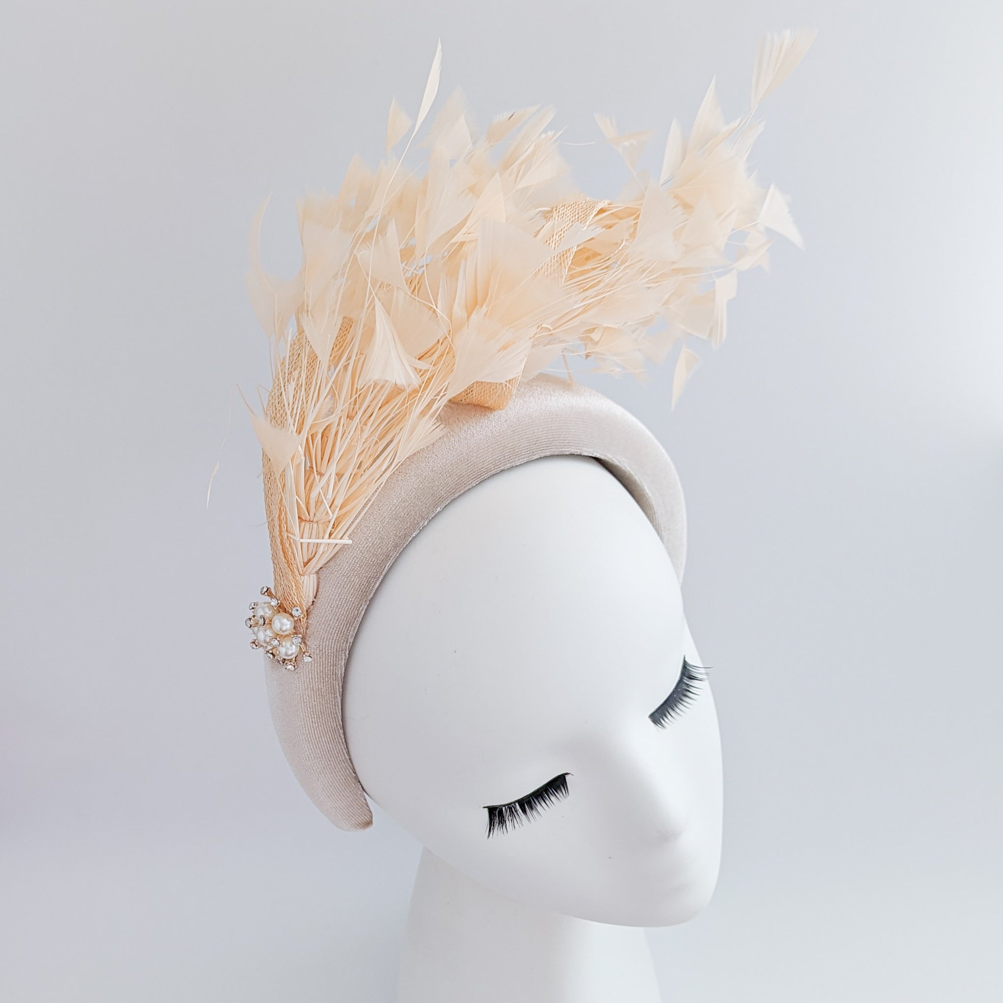 Champagne peach feather padded velvet headband fascinator Champagne peach feather padded velvet headband fascinator