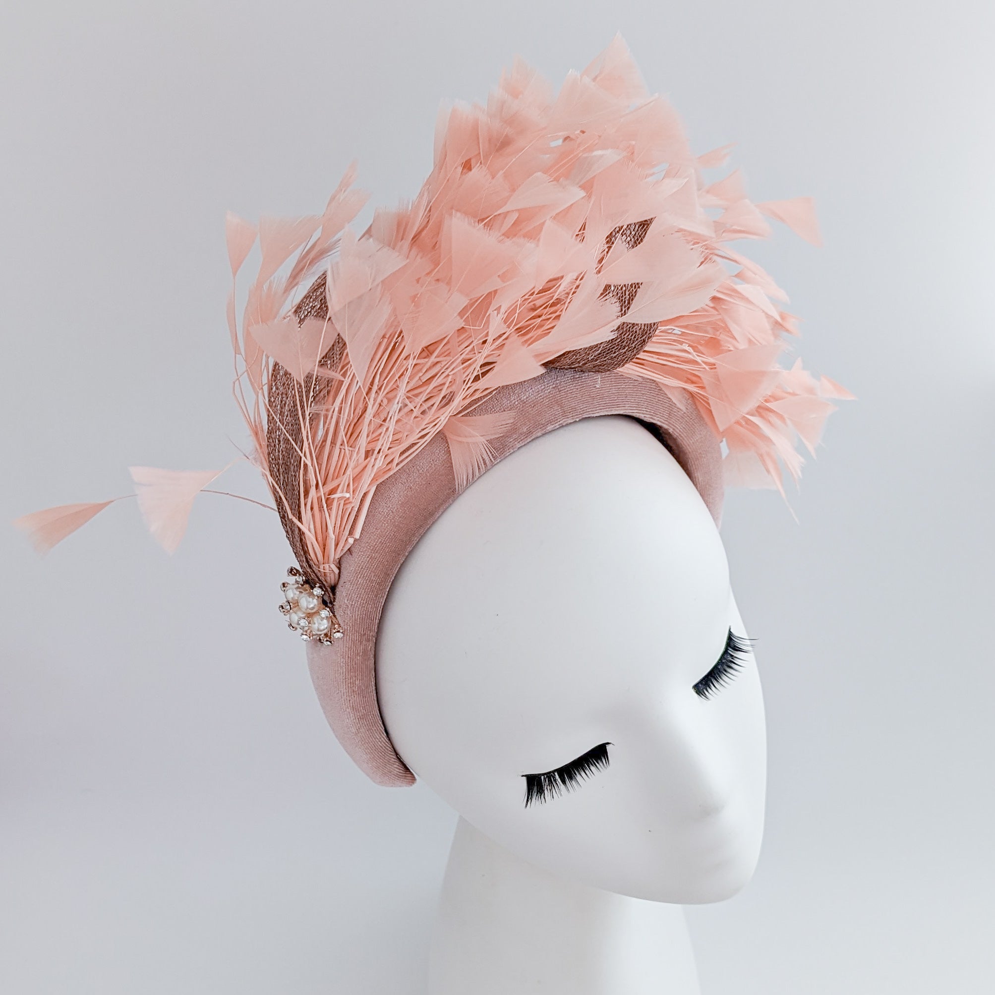 Dusty blush pink feather padded velvet headband fascinator