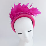 Magenta hot pink feather padded velvet headband fascinator