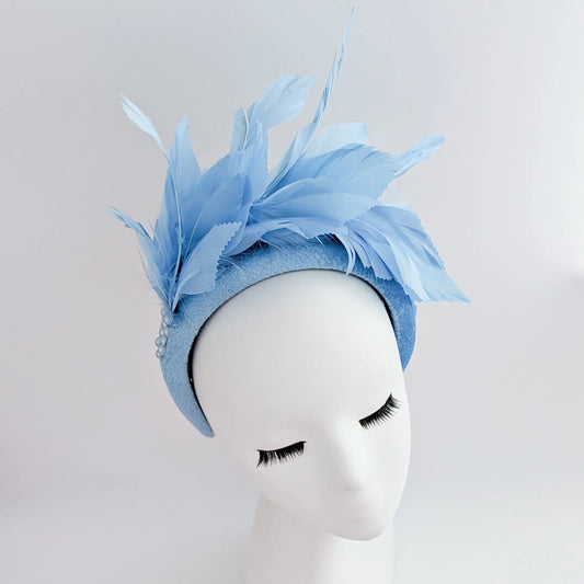 Light cornflower blue feather padded velvet headband fascinator House of Hats
