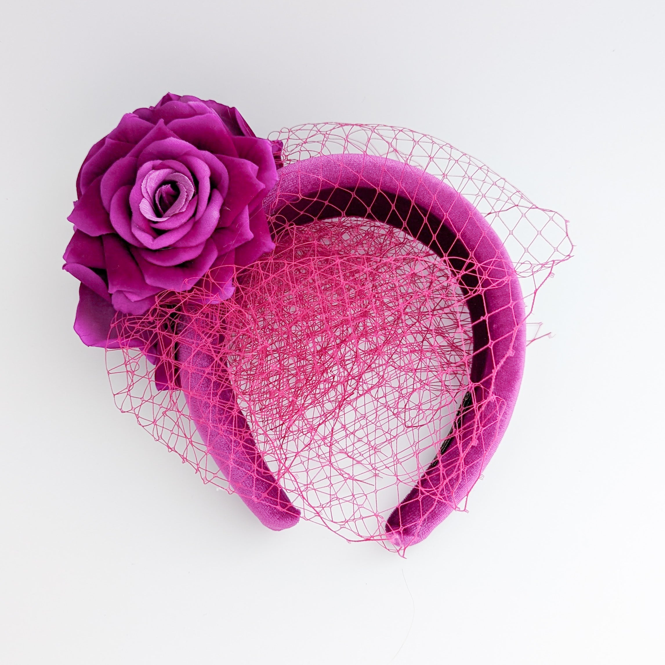 Magenta pink flower padded velvet headband fascinator